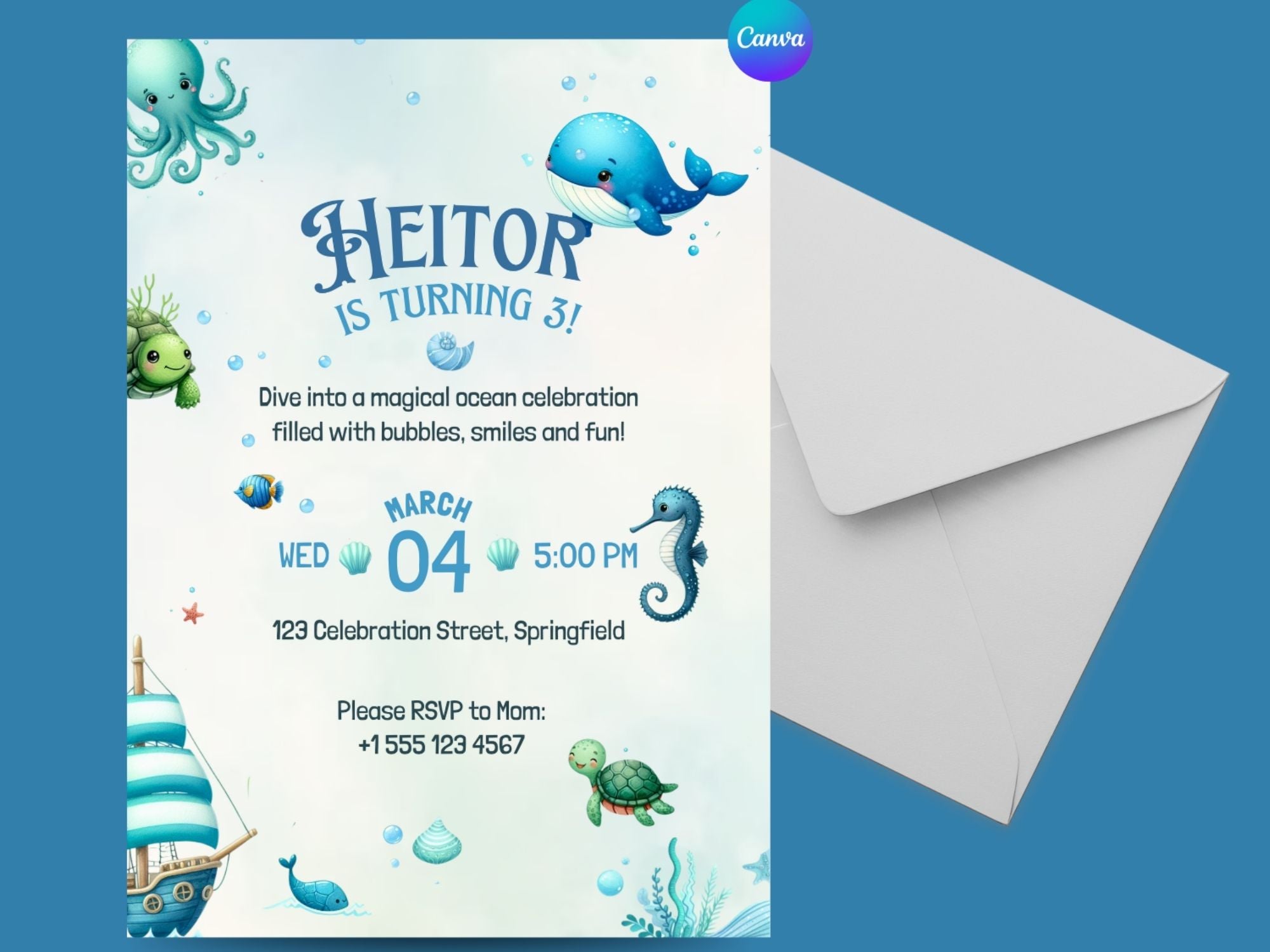 Blue Under The Sea Invitation – Editable Canva Template – Share or Printable 5x7 – Instant Download