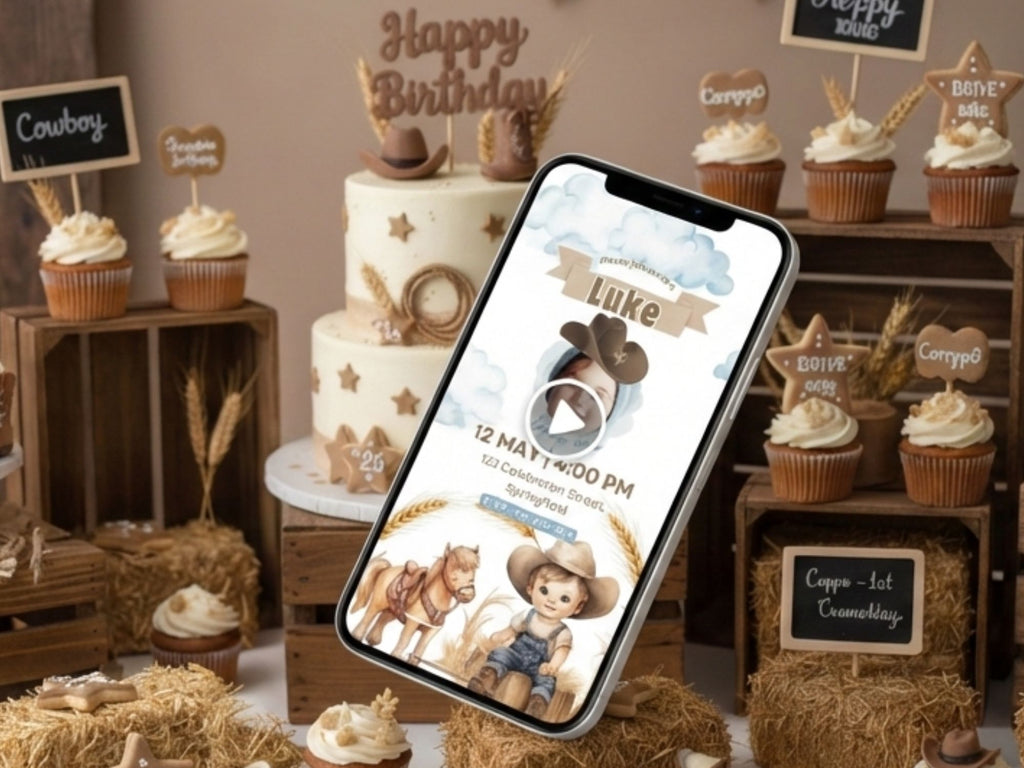 Baby Cowboy Birthday Invitation – Editable Canva Template – Share video mp4 – Instant Download