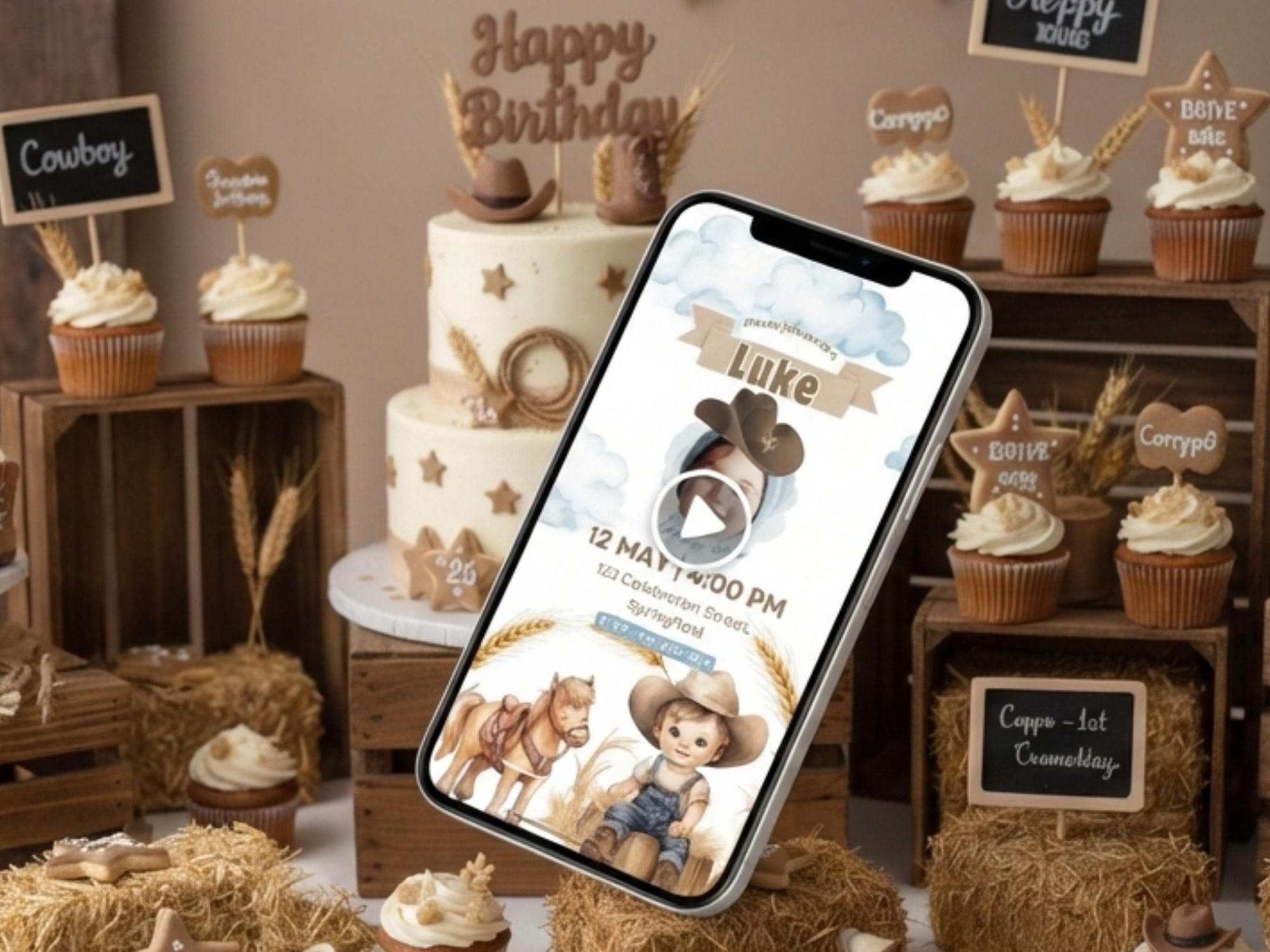 Baby Cowboy Birthday Invitation – Editable Canva Template – Share video mp4 – Instant Download