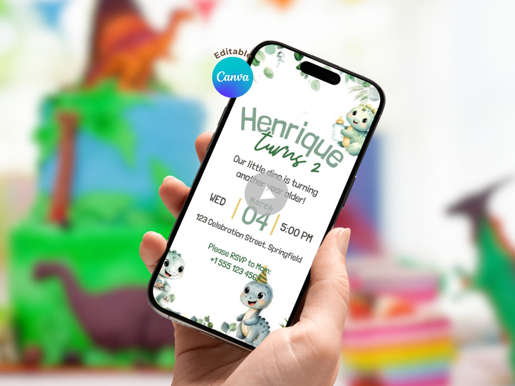 Little Dino Birthday Invitation – Editable Canva Template – Share video mp4 – Instant Download