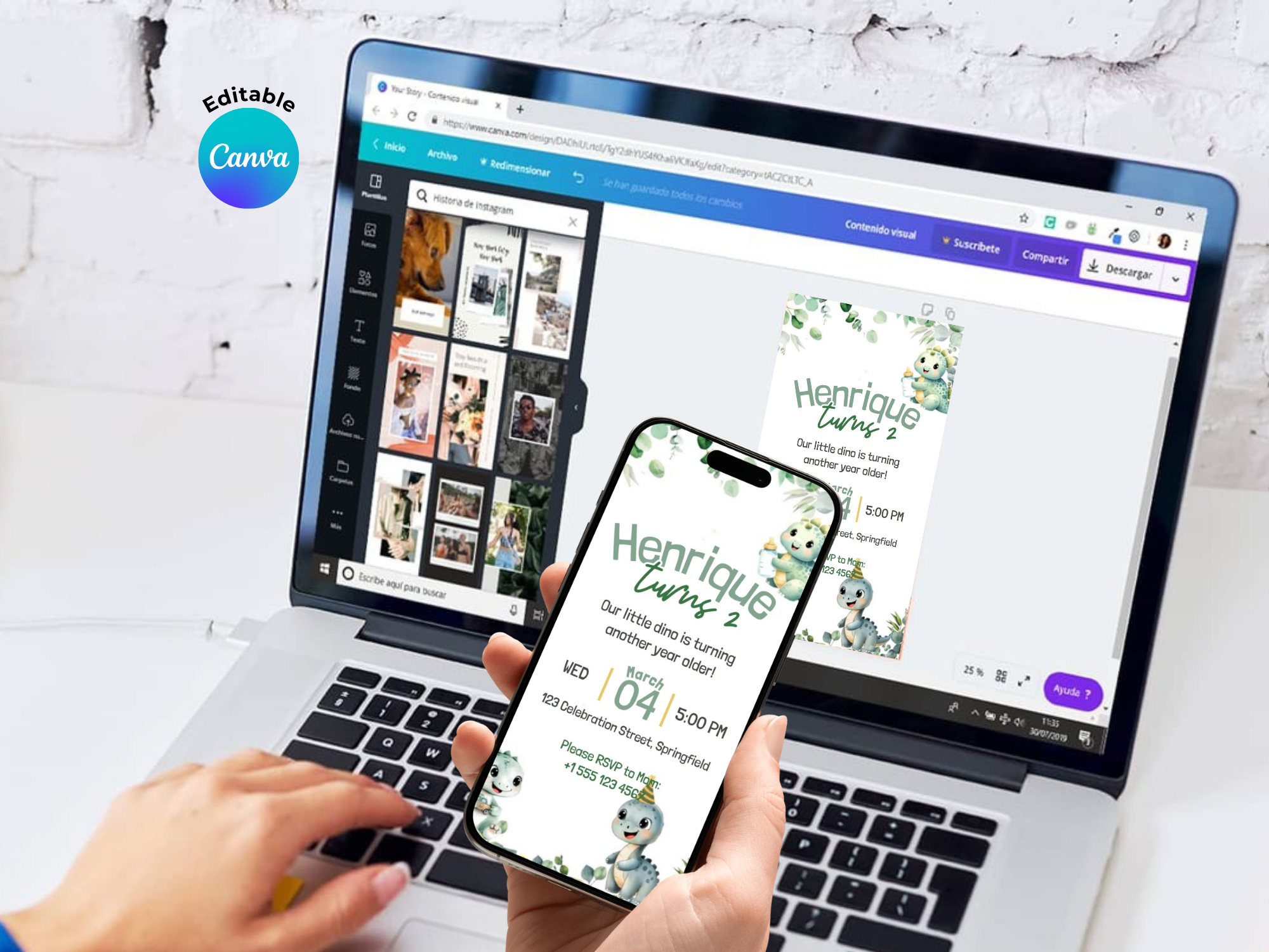 Little Dino Birthday Invitation – Editable Canva Template – Share video mp4 – Instant Download