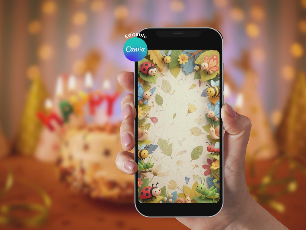 Cute 3D Insects Birthday Invitation – Editable Canva Template – Share video mp4 – Instant Download
