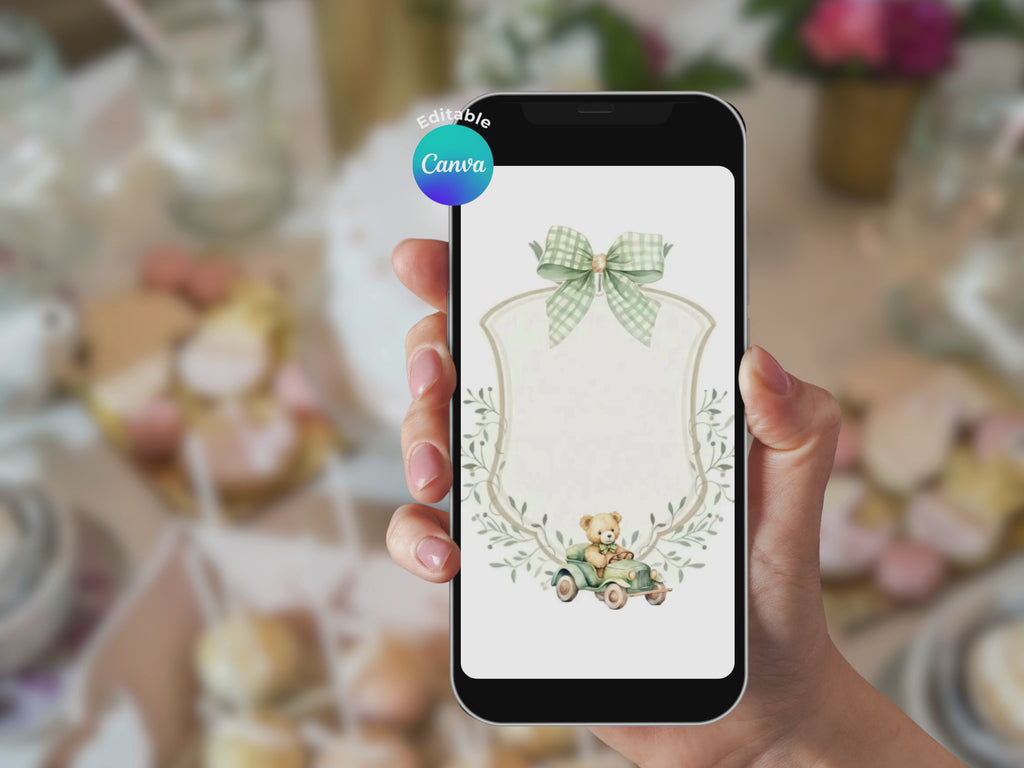 Green Baby Car Bear Baby Shower Invitation – Editable Canva Template – Share video mp4 – Instant Download