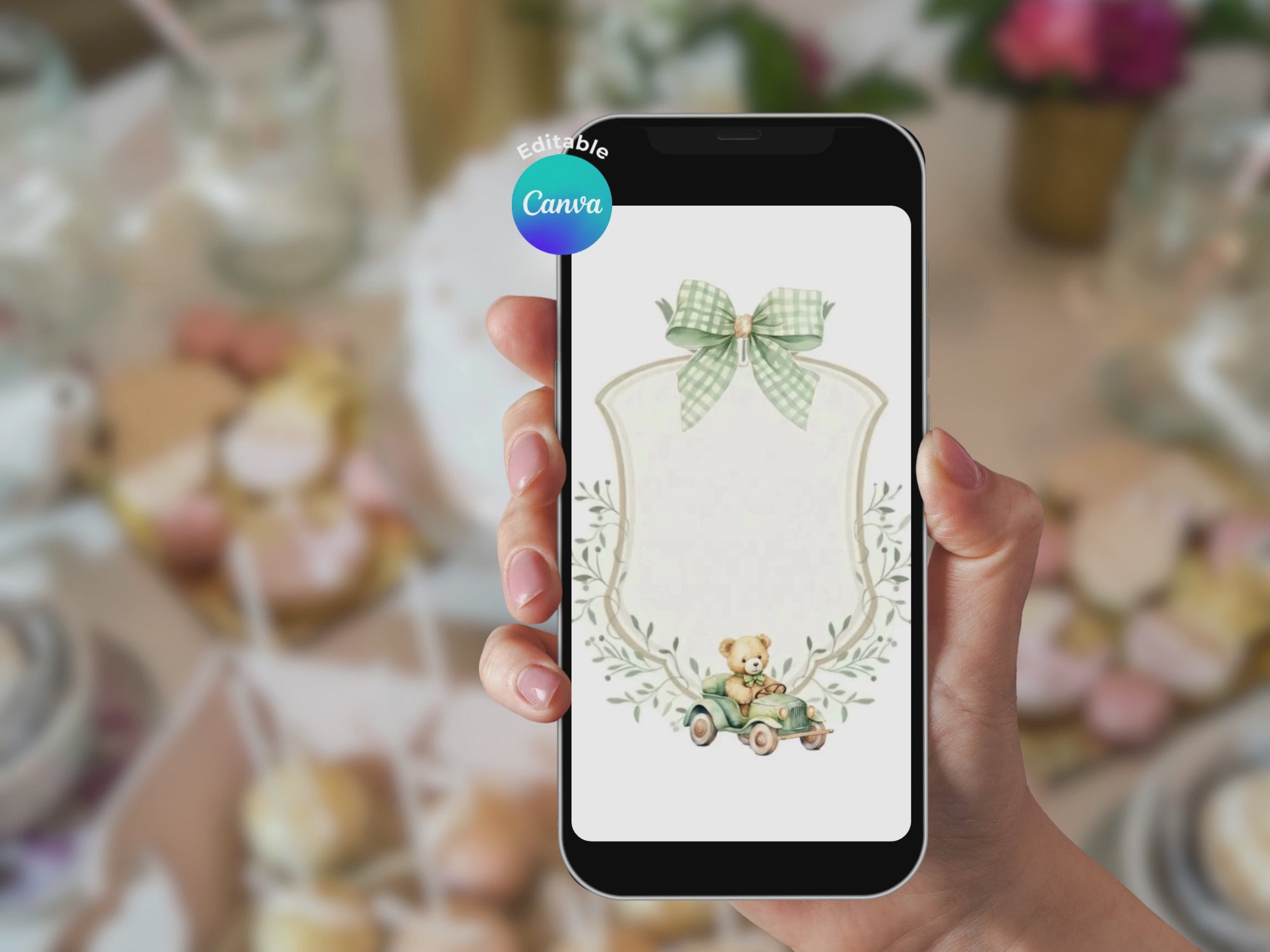 Green Baby Car Bear Baby Shower Invitation – Editable Canva Template – Share video mp4 – Instant Download