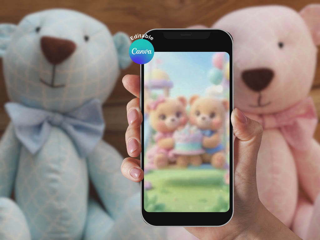 Cute Baby's Gender Reveal With Teddy Bear Invitation – Editable Canva Template – Share video mp4 – Instant Download