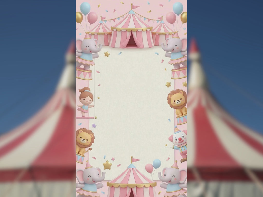 Pink Circus Birthday Invitation – Editable Canva Template – Share video mp4 – Instant Download